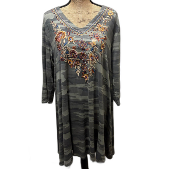 Karyn Seo Embroidered Green Camo Tunic Dress Boho Grunge Festival Size XL - Picture 1 of 5